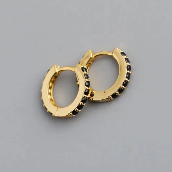 COPY - Gold Black Crystal Mini Small Huggie Hoop Earrings - Picture 1 of 6